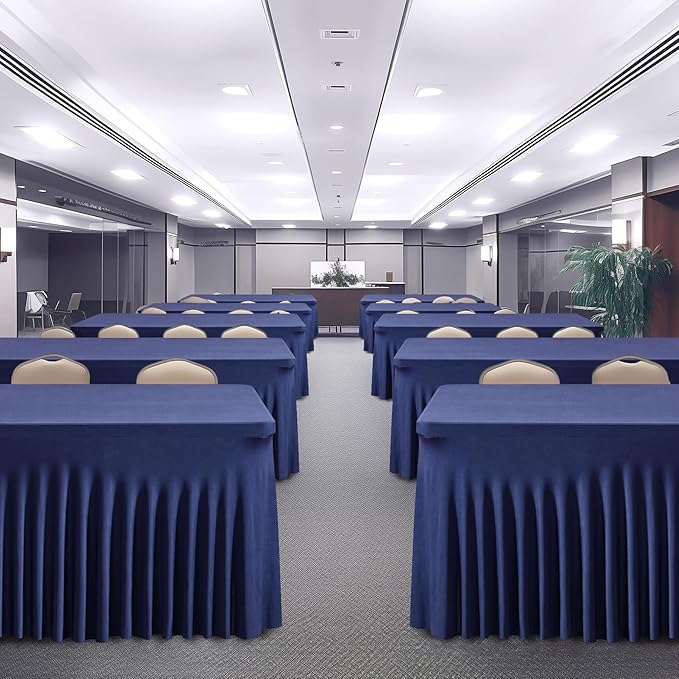 1 Pack Navy Blue Table Clothes for 8 Foot Rectangle Tables, One-Piece Wrinkle Resistant Stretch Spandex Table Covers with Table Skirt for Event Banquet Wedding Birthday Party