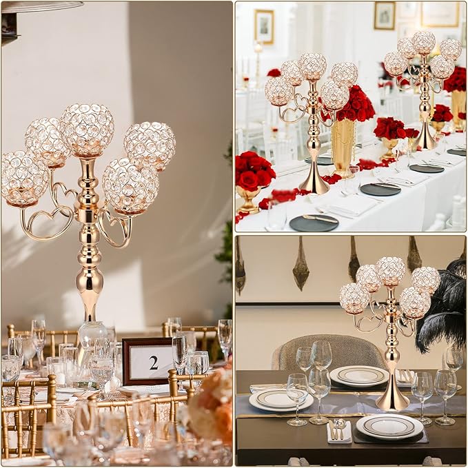 2 Pack 5 Arm Crystal Candelabra Centerpieces 21.5 Inch Tall Candle Holder Table Candelabra Stand with Crystal Candle Holder Bowl for Home Wedding Anniversary Dinner Party Table Decoration (Gold)