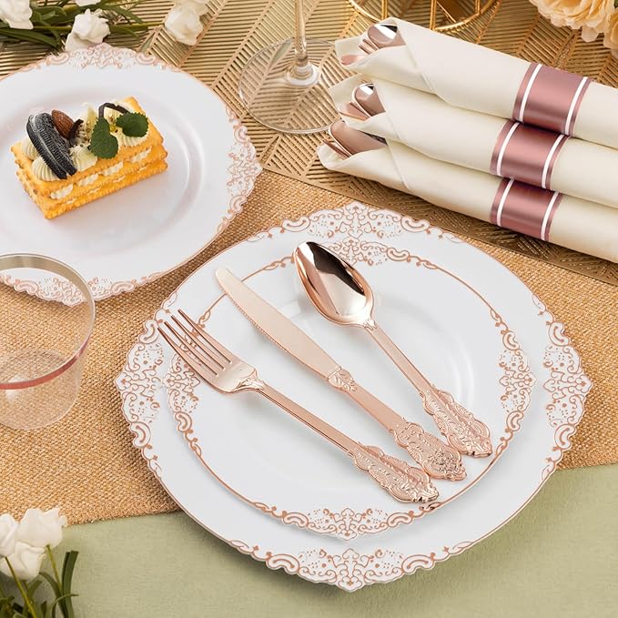 75PCS Rose Gold Plastic Silverware for 25 Guests, Heavy Duty Rose Gold Disposable Utensils Sets, Includes 25 Forks, 25 Spoons, 25 Knives, Elegant Cutlery Perfect for Wedding or Party