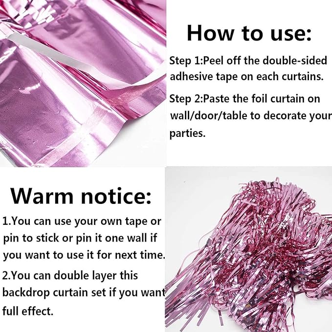 4 Pack Pink Foil Fringe Curtain Backdrop, 3.28Ft x 8.2Ft Metallic Tinsel Foil Fringe Streamer Curtains for Photo Booth Props, Birthday, Wedding, Valentine's Day Decoration Party Supplies