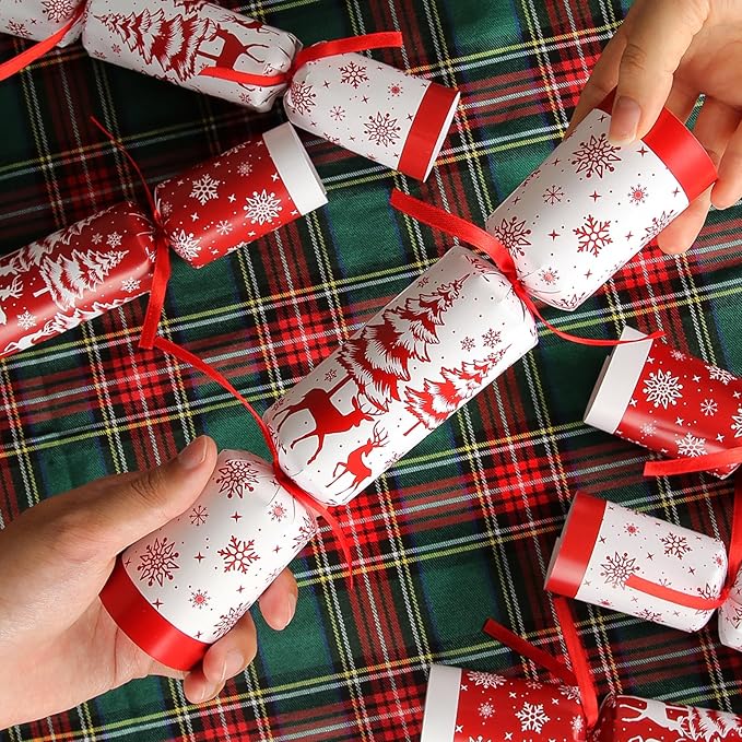 10 Pack Christmas No Snap Party Favor with Red & White Snowflake Design with Party Hat, Joke & Little Gift Inside for Kids, Xmas Gift, Christmas Seasonal Holiday Party Dinner Traditions Supplies
