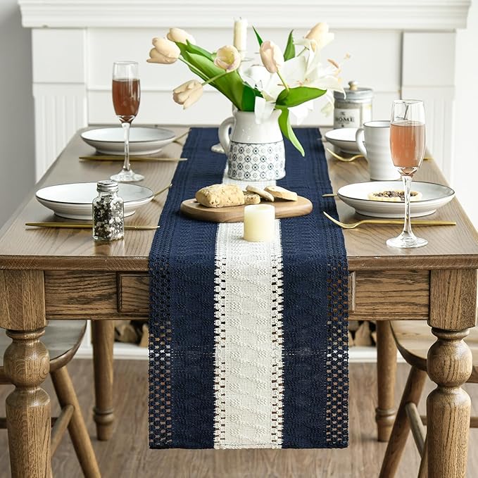 Artoid Mode Dark Blue Farmhouse Rustic Table Runner, Seasonal Hollow Kitchen Dining Table Decoration for Home Party Decor 12x72 Inch