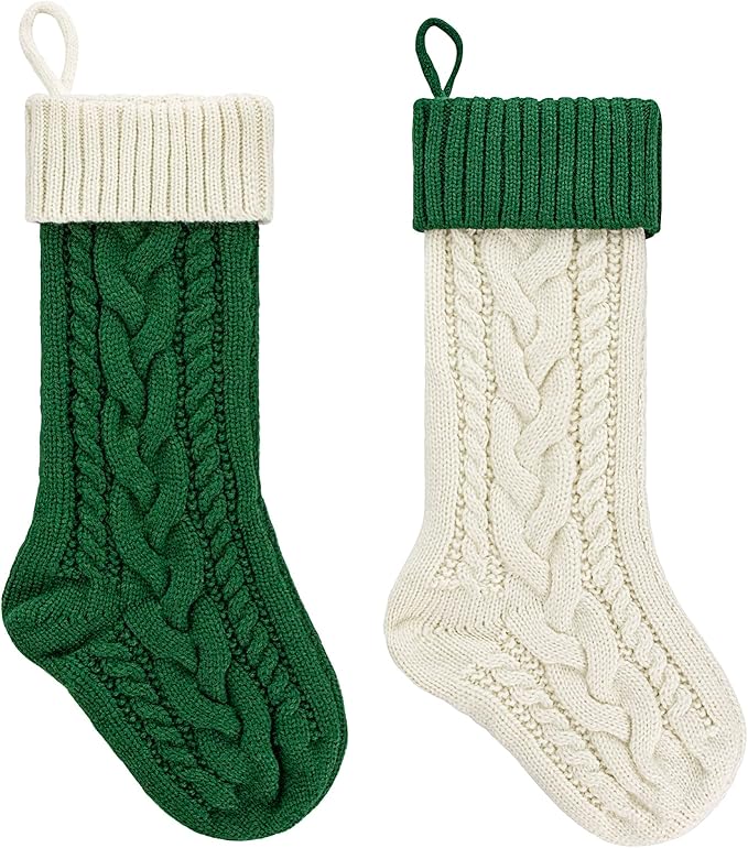 2 Pack 18" Personalized Christmas Stockings, 18inch Large Cable Knitted Xmas Hanging Stocking Decorations for Holiday Christmas Party Family Decor (Lvory/Green)