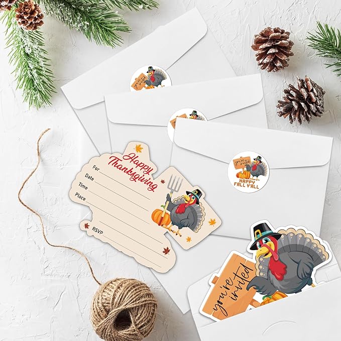REWIDPARTY 20 Pack Thanksgiving Party Invitation Cards with Envelopes & Stickers, Thanksgiving Turkey Shaped Fill-in Invitations Fall Party Invites Cards Thanksgiving Party Supplies for Kids Adults