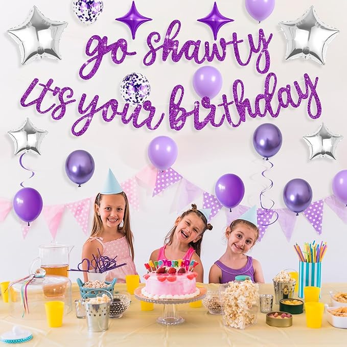 Purple Go Shawty It's Your Birthday Banner Balloons Set, Glitter Happy Birthday Banner with Purple Silver Confetti Balloon Star Foil Balloon for Girls Women Hip Hop Rap Theme Birthday Party Decoration