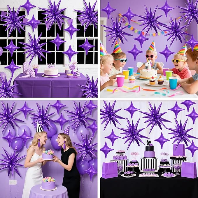 Purple Star Balloon,6Pcs 22Inch Explosion Star Balloons and 10Pcs 10Inch Four Angle Balloons Kit for Halloween Birthday Anniversary Graduation Baby Shower Wedding Party Decorations