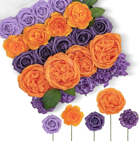 TINGE TIME Rose Artificial Flowers Combo, Gradient Color Faux Foam Roses with Stems for DIY Wedding Bridal Shower Party Table Centerpieces Fake Floral Arrangement Home Decor(Burnt Orange and Purple)