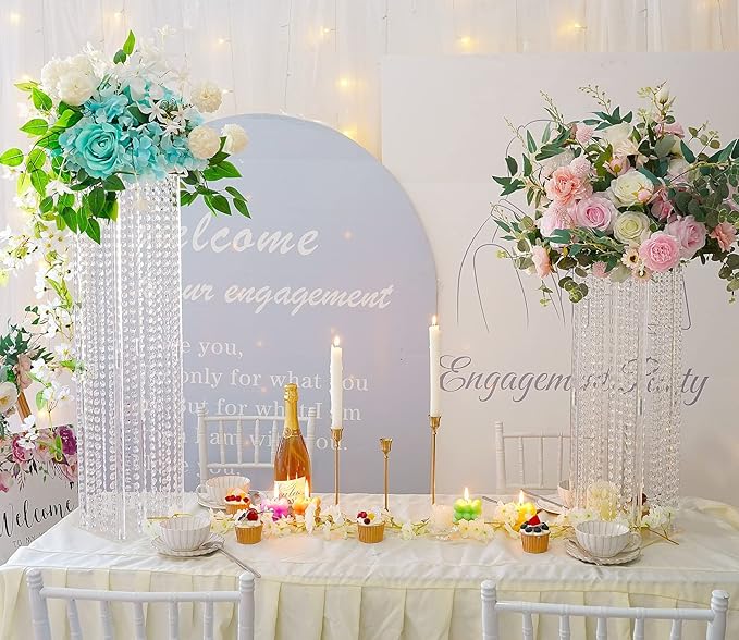 2 Pcs Wedding Centerpieces Table Acrylic Vases with Chandelier Crystal - 31.5in Tall Clear Rectangular Flower Stand Geometric Flower Centerpiece Vase Party Tables Decorations