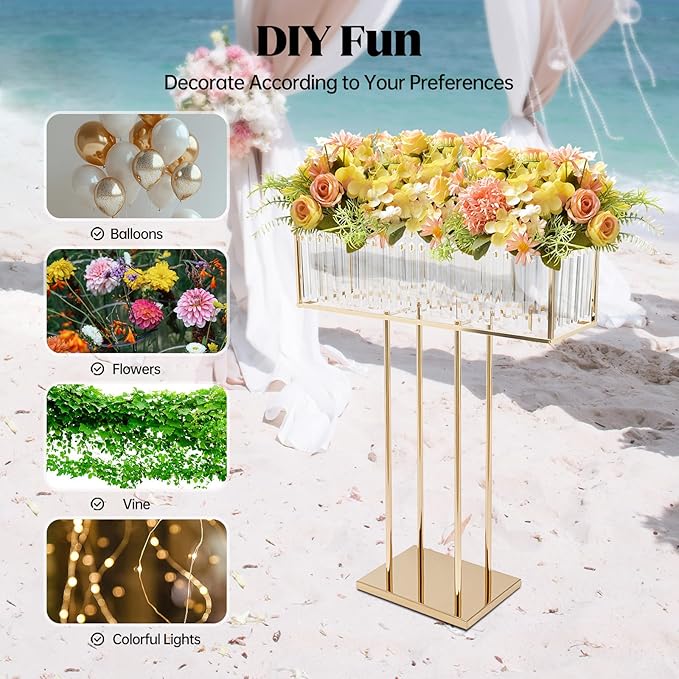 Tall Crystal Flower Stand for Wedding Centerpieces – 28" x 12" Gold Metal Pedestal with Sparkling Crystal Pendants, Elegant Flower Vase Stand for Tables, Parties, Banquets & Event Decorations