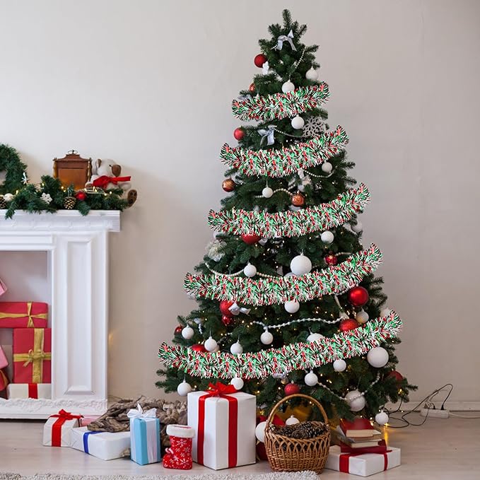 50 FT Red & Green & White Christmas Tinsel Garland Metallic Twist Shiny Hanging Garland for Christmas Tree Decorations Xmas Holiday Decor for Home Indoor Party Supplies - Red Green White