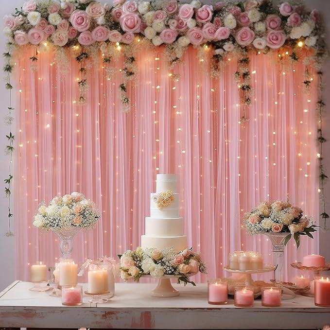 10ft x 8ft Dusty Rose Backdrop Curtain with Lights String for Parties, Sheer Tulle Wedding Photo Backdrops Drapes for Baby Shower Birthday Party Decorations Background for Photography