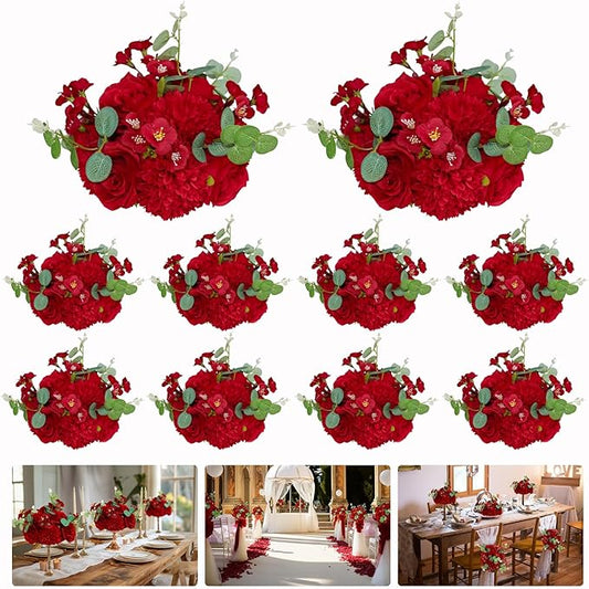 Artificial Flower Ball 10pcs Wedding Centerpieces Table Decorations Faux Red Rose Silk Floral Half Ball with Plastic Base for Party Home Room Event Table Arrangement (10, Red)