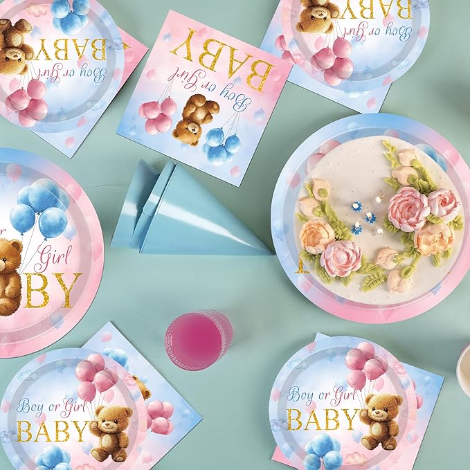 140 Pcs Bear Gender Reveal Decorations Plates Cups and Napkins Sets Boy Or Girl Gender Reveal Decorations Serves 20
