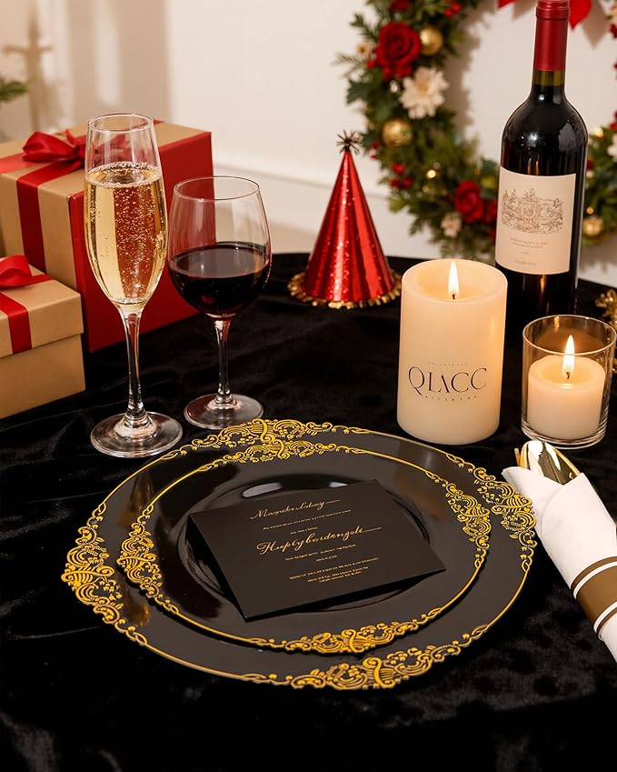 Nervure 175PCS Black Plastic Plates - Disposable Black Gold Party Plates & Pre Rolled Napkins with Cutlery for 25 Guests, 50Plates, 75Silverware, 25Cups, 25Napkin for Wedding & Party & New Year