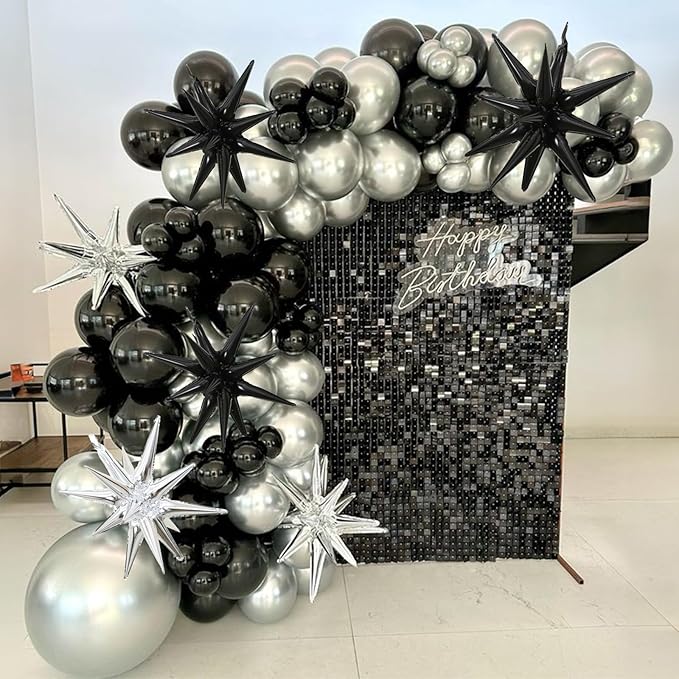 6PCS Silver Black Star Balloons, 22Inch Large Star Balloon Foil Balloons Spike Cone Balloon for Birthday Anniversary New Years Party Decorations