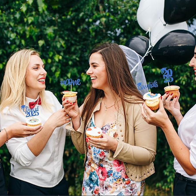 24Pcs Graduation Cupcake Toppers Glitter Congrats Grad Diploma 2025 Graduation Cap Cupcake Picks Class of 2025 Cake Decorations for 2025 Theme Party Supplies(Blue)