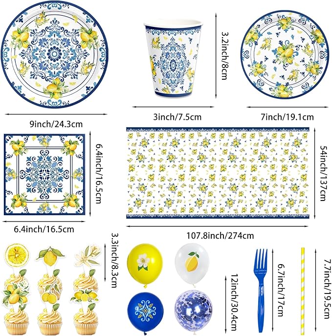 188PCS Capri Lemon Party Supplies Blue Tiles Yellow Birthday Decorations Amalfi Coast Lemon Summer Citrus Mediterranean Plates Napkins Set Banner Tablecloth CakeTopper Balloon Honeycomb Centerpieces