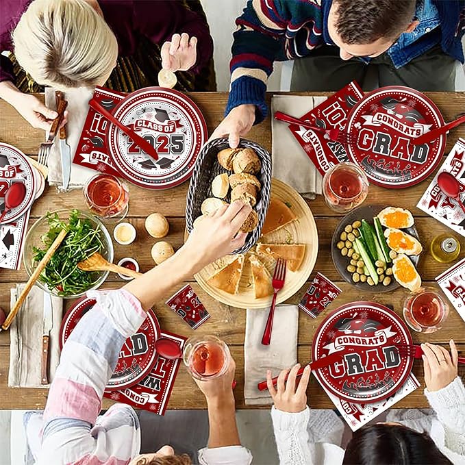 Graduation Decorations Class of 2025 - Graduation Party Supplies 2025 Include Plates, Cups, Napkins, Cutlery, 24 Guests (Maroon)