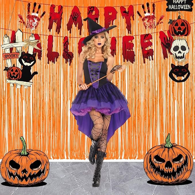 Foil Fringe Curtains Halloweens Decorations - Orange Tinsel Photo Backdrop Party Streamers for St Patricks Day, Easter, Birthdays, Fall, Pumpkin Theme, Thanksgiving, Basketball Party Decorations