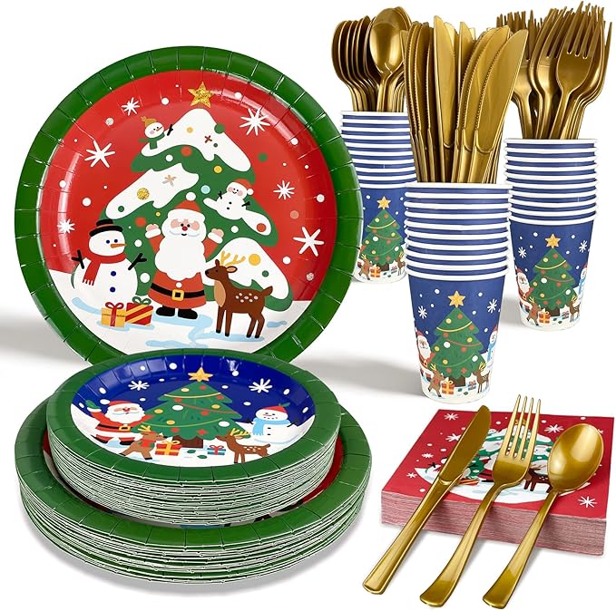 Christmas Paper Plates Disposable w/Napkins Cups & Cutlery, 50 Serves Santa Dinner Plates Sets, Heavy Duty Christmas Plates Disposable Supplies for Family, Winter Holiday Party Decrorations 175 pcs