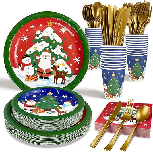 Christmas Paper Plates Disposable w/Napkins Cups & Cutlery, 50 Serves Santa Dinner Plates Sets, Heavy Duty Christmas Plates Disposable Supplies for Family, Winter Holiday Party Decrorations 175 pcs