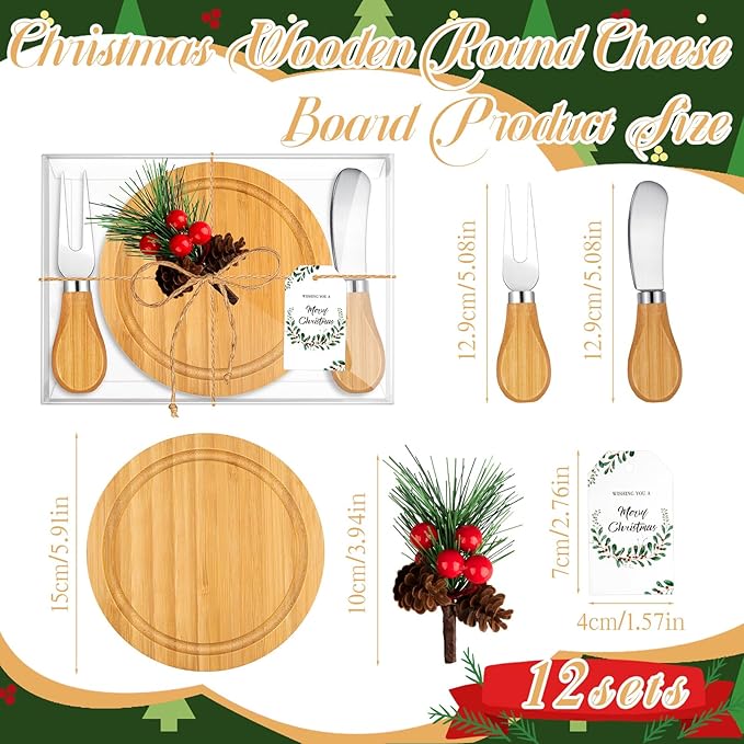 12Set Christmas Gifts Bamboo Round Cheese Board Set Cheese Knives Mini Cutting Board Set Cheese Board Gift Set Christmas Tags and Boxes Christmas Party Birthday