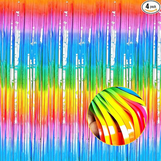4 Pack Macaron Dark Rainbow Foil Fringe Curtain Backdrop, 3.28Ft x 8.2Ft Colorful Streamers Curtains for Party, Photo Booth Props, Birthday, 2022 Mother's Day Decoration Supplies