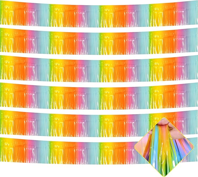 6 Pack 10 Feet Foil Fringe Garland Metallic Tinsel Streamers Banner Wall Hanging Curtain Backdrop for Parade Floats, Bachelorette, Wedding, Birthday, Easter, Christmas Party Decorations(Rainbow)