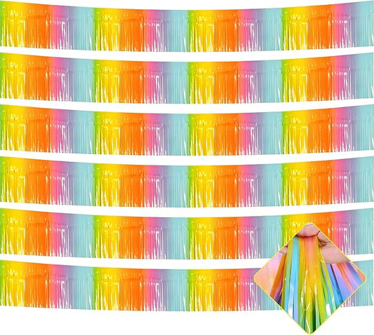 6 Pack 10 Feet Foil Fringe Garland Metallic Tinsel Streamers Banner Wall Hanging Curtain Backdrop for Parade Floats, Bachelorette, Wedding, Birthday, Easter, Christmas Party Decorations(Rainbow)
