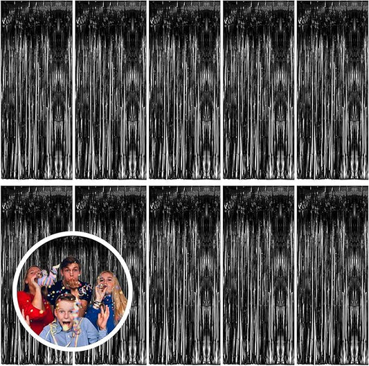 10 Pack Black Party Streamers Backdrop Tinsel Foil Fringe Curtains Halloween Birthday Party Decorations Graduation Wizard Party Supplies