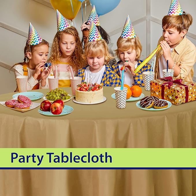 Party Dimensions Gold Disposable Plastic Tablecloth for Round Tables (12 Pack) 84 inches Table Cloths for Parties, Events & Weddings, Indoors & Outdoors, Plastic Table Cover