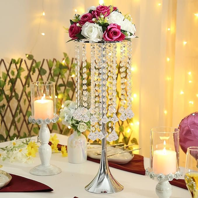 2Pcs 21.88" Height Elegant Centerpieces with Chandelier Crystals Metal Vase Silver Flower Stand for Table Wedding Centerpieces Decorations, Christmas,Event, Home, Party