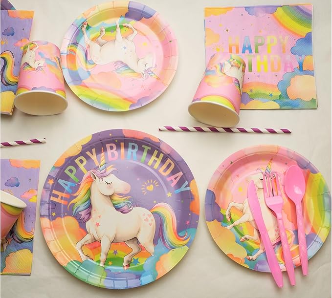 Unicorn Birthday Party Supplies Kit – 146 PCS Unicorn Party Decorations for 24 Guests, Includes Plates, Cups, Napkins, Banner, Cutlery, Tablecloth, Straws – Rainbow Theme for Girls & Boys