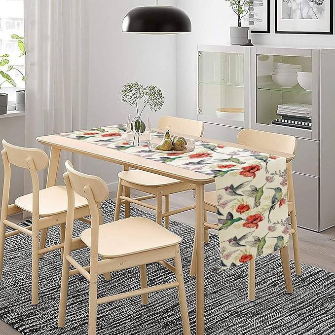 Summer Tropical Hummingbird Floral Table Runner,Spring Birds Table Runner Burlap Table Decoration for Seasonal Home Kitchen Dining Dinner Indoor Holiday Farmhouse Decor 13x108 Inch