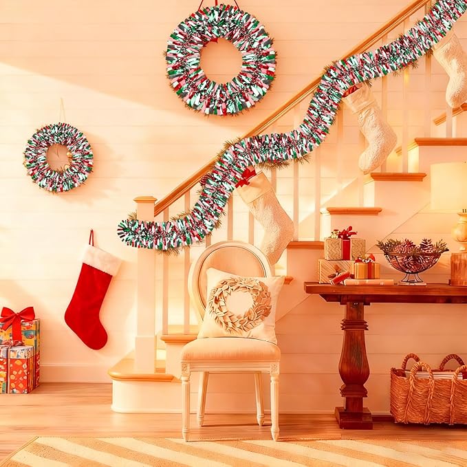 50Ft Christmas Tinsel Garland, Red Grenn Silver Metallic Twist Garland for Xmas Tree Decorations, Tinsel for New Year Party Ceiling Hanging Decorations Indoor and Outdoor Decor