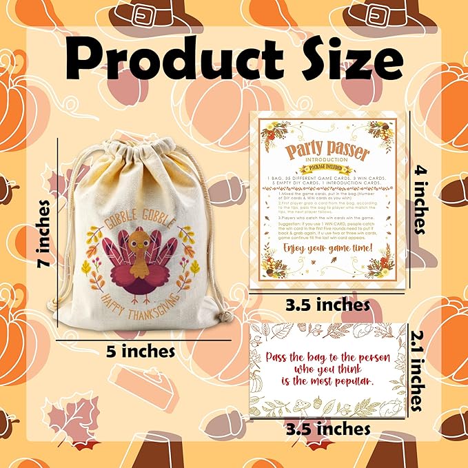 Thanksgiving Turkey Pass The Bag Game - 44 Game Cards & Gobble Turkey Canvas Bag - Thanksgiving Party Games for Adults & Teens, Office & Family Activity - Fall Harvest Party Decor & Supplies - A05
