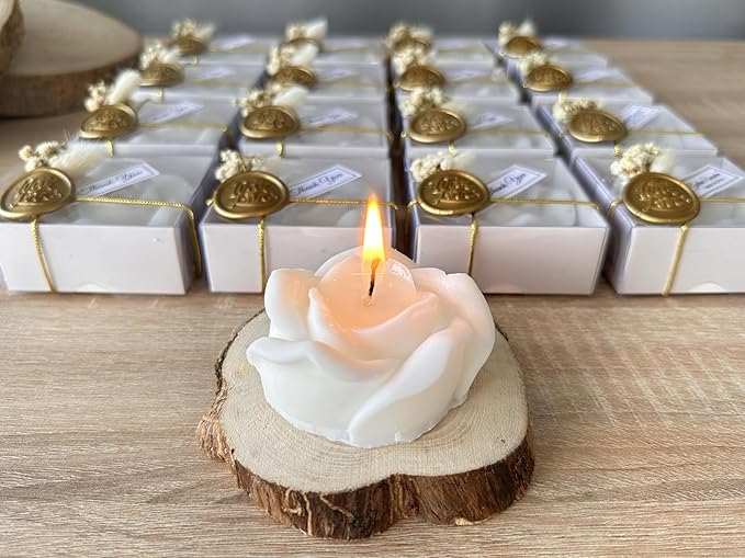 Personalized Rose Shaped Wedding Candle Favors with Seal Wax and Dried Flowers - Scented Soy Wax for Weddings, Bridal Showers, Baby Showers, Birthdays (10-20-30-40-50-100 PCS in Bulk)