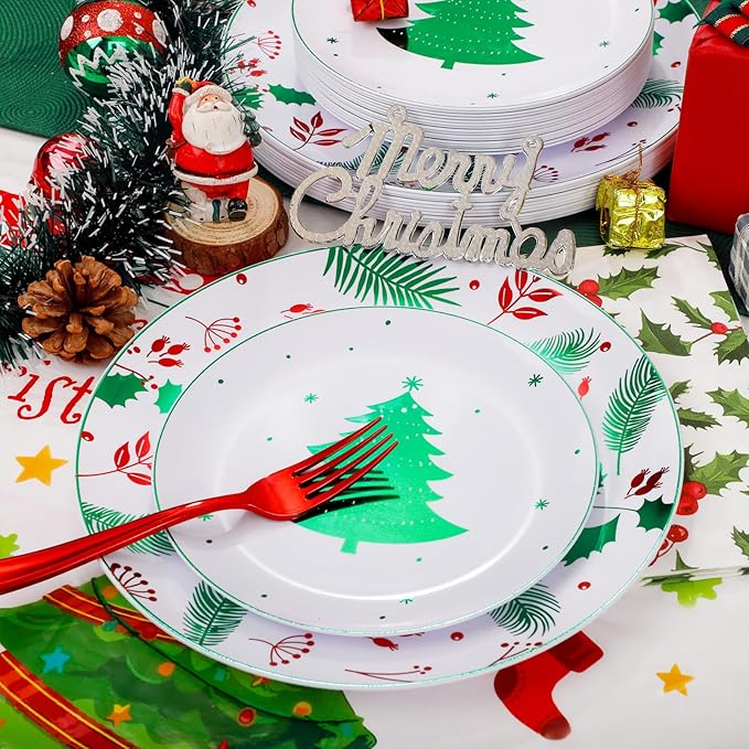 Festiva 176Pcs Christmas Plastic Plates Heavy Duty- Christmas disposable Dinnerware Set-include 50Plates 25Plastic Silverware 25Cups 25Holly Berry Napkins