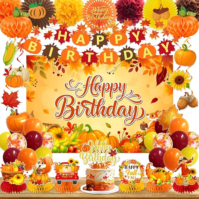 Fall Decorations Fall Birthday Party Decorations Include Autumn Backdrop Banner Cake Topper Honeycomb Pumpkin Balloon for Thanksgiving Birthday Decorations