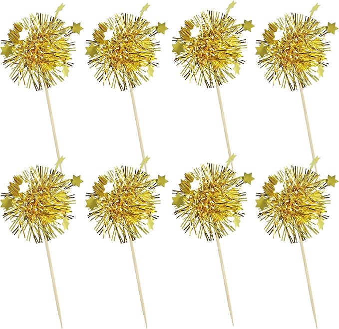 Ephlyn 30Pcs Foil Firework Cupcake Toppers Happy Birthday Cake Toppers Tinsel Flower Drink Stirrers Cocktail Food Fruit Toothpicks for Valentine's Day Party Decorations Gold