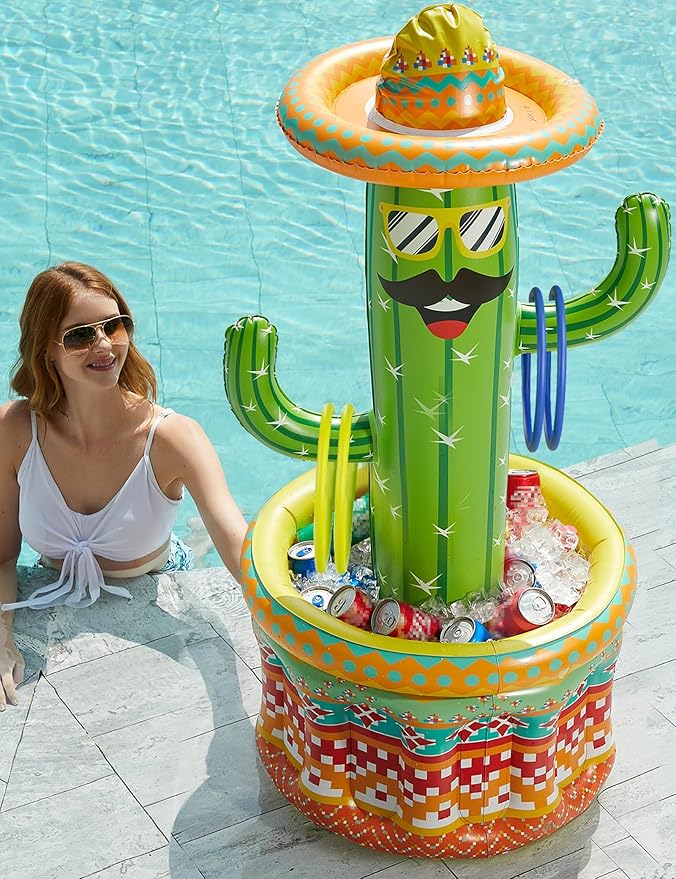 Jasonwell Inflatable Pool Party Cooler - Fiesta Cactus Ice Bucket Luau Hawaiian Tropical Beach Themed Birthday Easter Party Decorations Favors Outdoor Decor Pool Games Set for Kids Adult