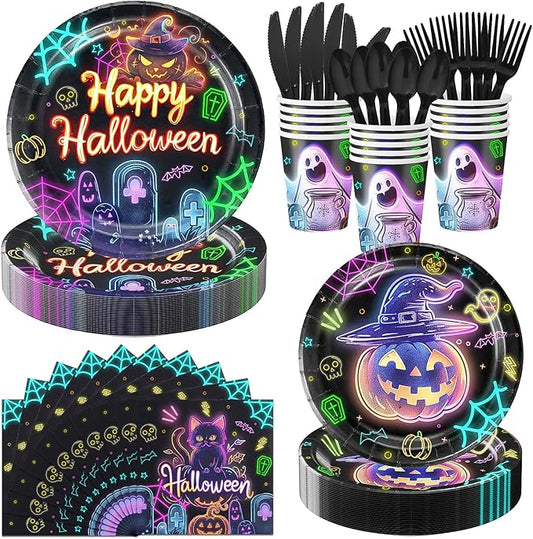 350 Pcs Halloween Party Decorations Supplies for 50 Guests, Halloween Birthday Party Decorations Including Plates, Dessert Plates, Paper Cups, Napkins, Knives, Forks and Spoons for Horror Party Decor