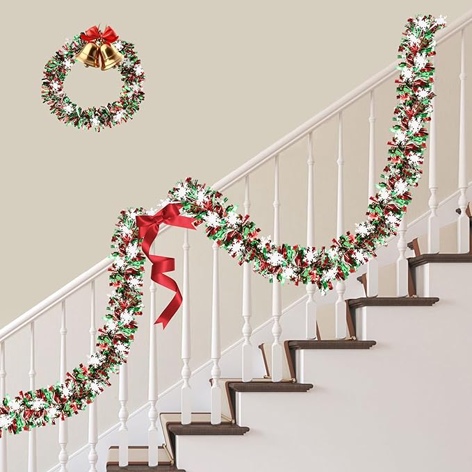 50FT Red Green White Christmas Tinsel Garland with Snowflake Ornaments Metallic Shiny Xmas Garland for Christmas Tree Decoration Holiday Hanging Garlands Indoor Outdoor Home Office Party Holiday Decor