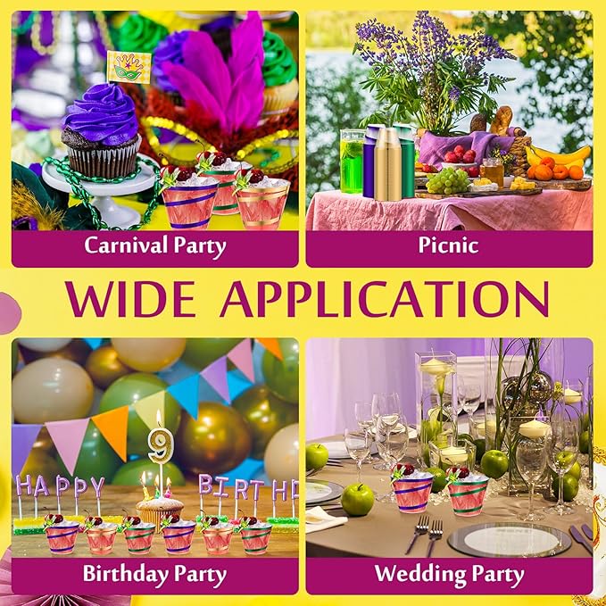 Gejoy 9 oz Rimmed Swirl Plastic Cups Disposable Wine Drinking Cups Clear Elegant Halloween Tumblers for Christmas Party Supplies(Purple, Gold, Green,60 Pcs)