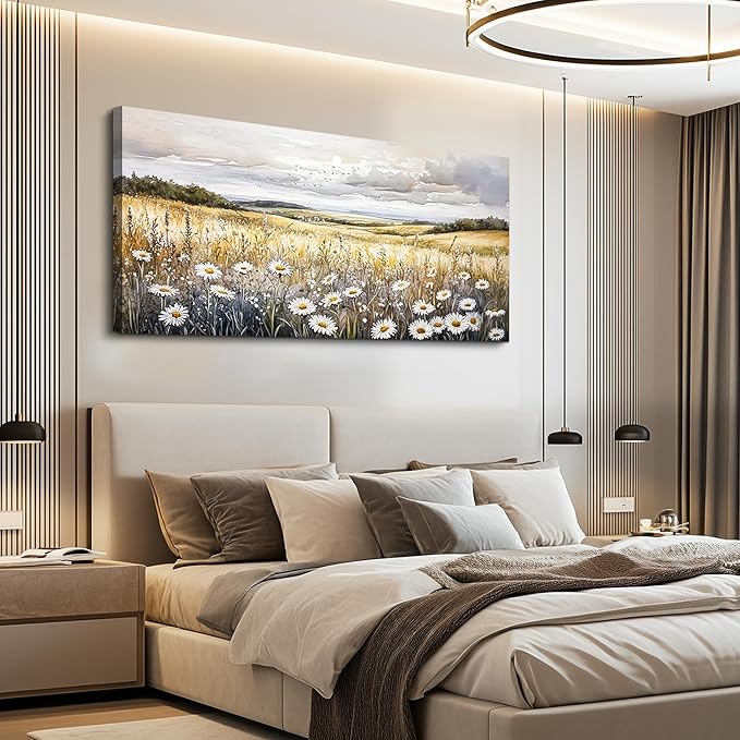 ZUITINGHUA Large Wall Decor For Living Room Canvas Wall Art For Office Modern Wall Decorations For Bedroom White Flower Landscape Painting Grassland Pictures Artwork Room Home Decor 24x48 In