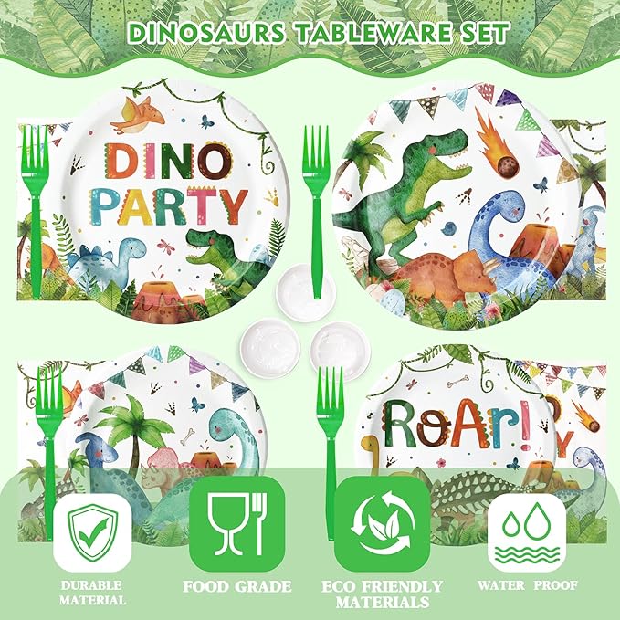 189 Pcs Dinosaur Birthday Party Supplies Set - Serves 24, Dino Decorations Kit with Banner, Balloons, Swirls, Cake Toppers, Tableware & Tablecloth