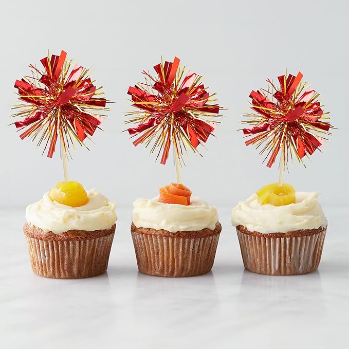 Gyufise 20Pcs Foil Firework Cupcake Toppers Sparkle Tinsel Cake Toppers Tinsel Drink Cake Decoration Cocktail Picks for Birthday Wedding Graduation Party Supplies Gold Red