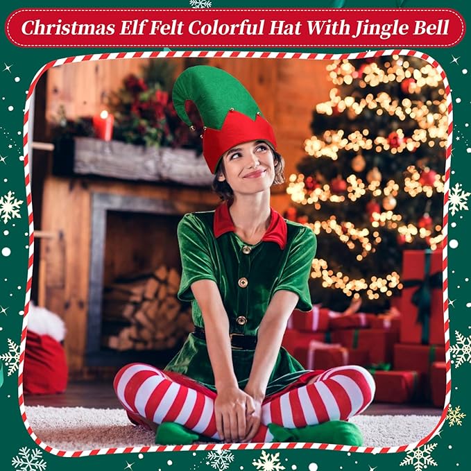12 Pcs Christmas Elf Hat Colorful Funny Hats with Bell Holiday Party Accessories for Adults Santa Headdress for Party(Classic 1)