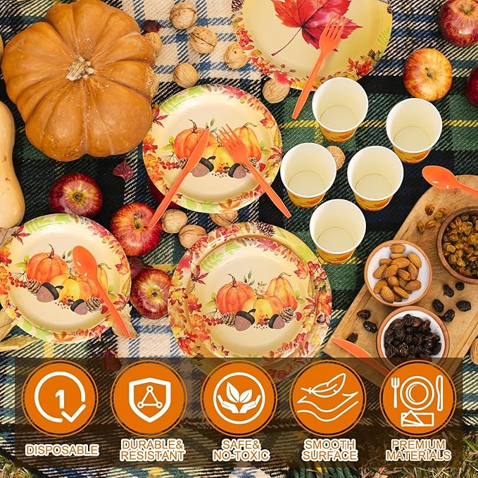 175 PCS Fall Maple Leaves Dinnerware Set Thanksgiving Party Supplies Pumpkin Tableware Include Paper Plates Cups Cutlery Napkins Autumn Harvest Disposable Dinnerware, Serve 25