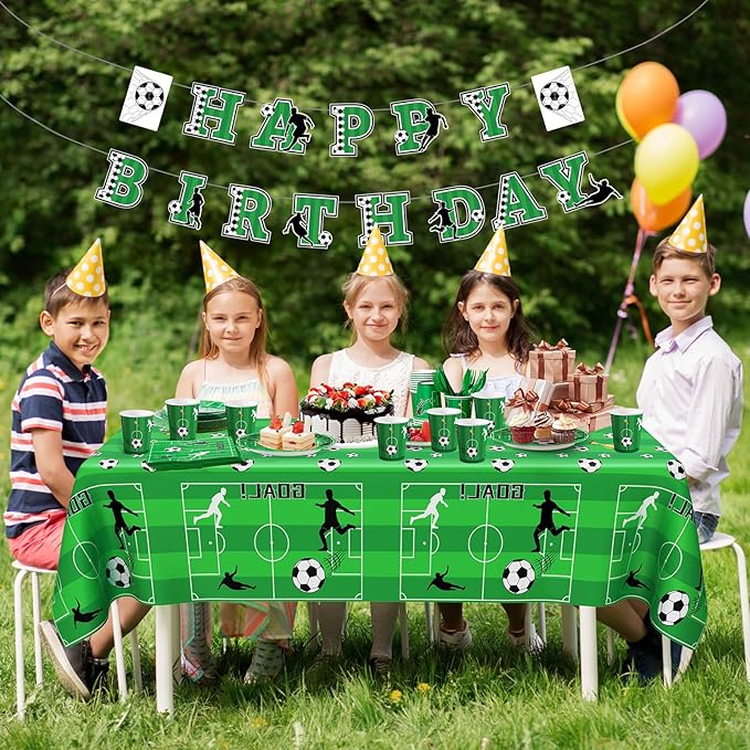 Soccer Birthday Decorations, 170 Pcs Soccer Party Decorations Including Banner, Plates, Cups, Napkins, Cutlery, Straws and Tablecloths, Serves 24